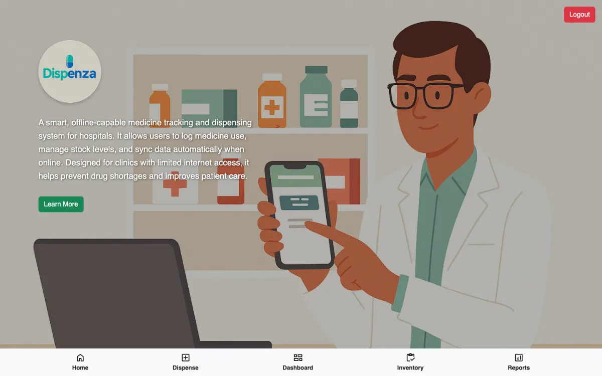 Dispenza home screen with an illustration of a pharmacist using the app, and navigation for dispense, dashboard, inventory and reports